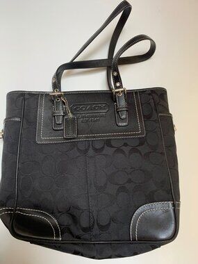 Vintage Coach Black Leather Trim Logo Fabric Small Tote